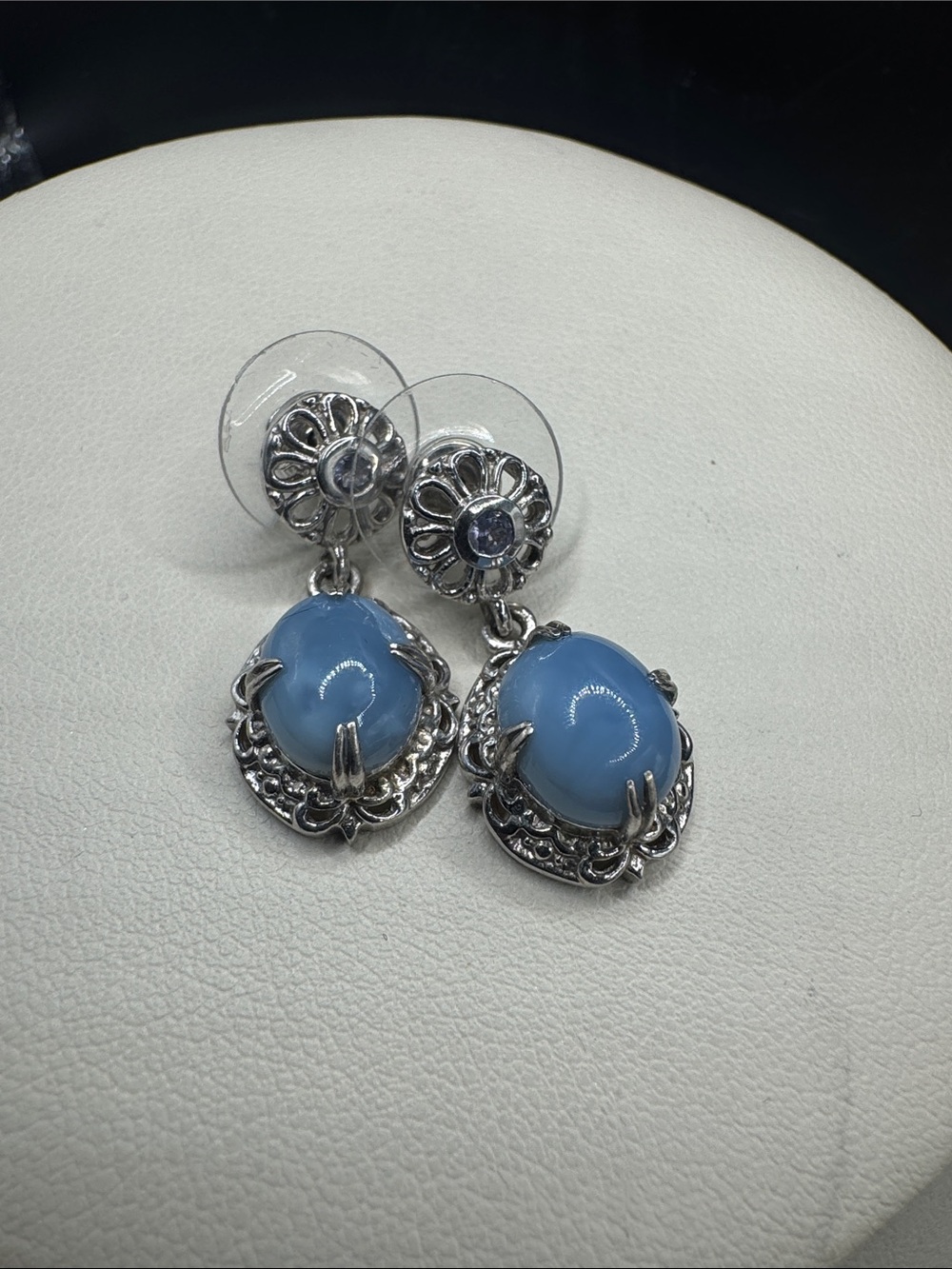 Sterling Silver Floral Drop Earrings with Light Blue Cabochon